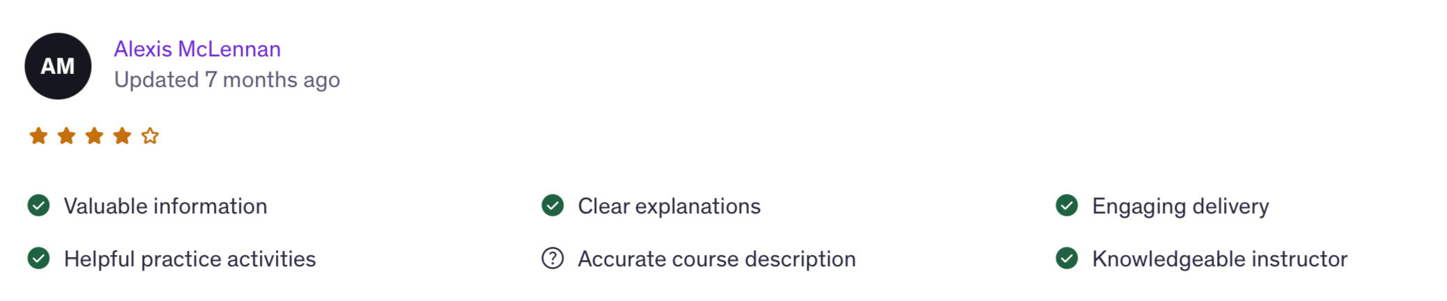 4-star student review - AI e-commerce course Four-star Udemy review from Alexis: valuable information, clear explanations and engaging delivery.