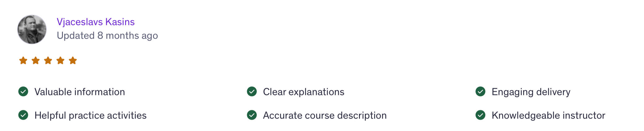 5-star student review - AI e-commerce course Five-star Udemy review from Vjaceslavs: valuable information, clear explanations and engaging delivery.