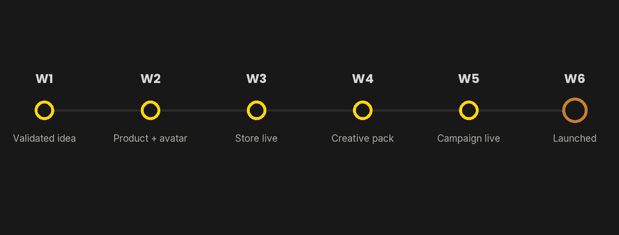 The same six-week spine for every path: validated idea, product and avatar, store live, creative pack, campaign live, launched